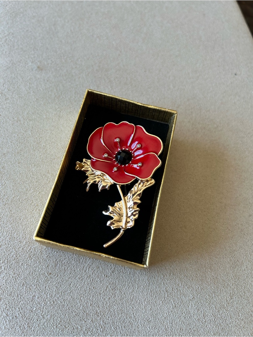 Gold Red Poppy Flower Brooch - in gold gift box